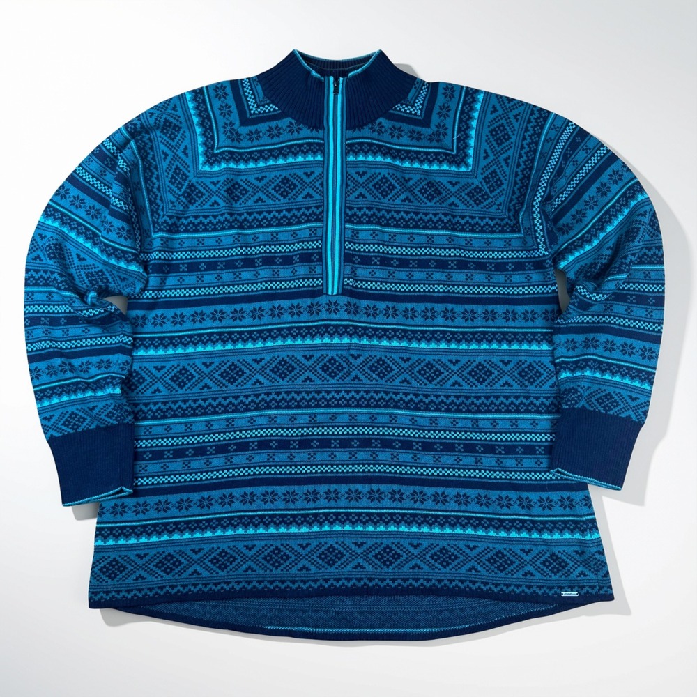 Eddie Bauer Fair Isle Quarter Zip Sweater Womens XXL Teal Blue Nordic Knit